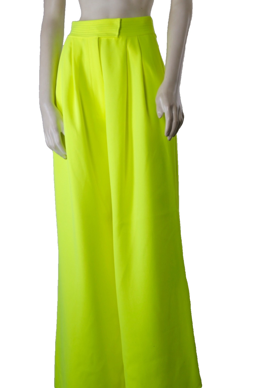 Alex Perry Harlan Neon Yellow High-Rise Pleated Wide-Leg Satin Crepe Pants S
